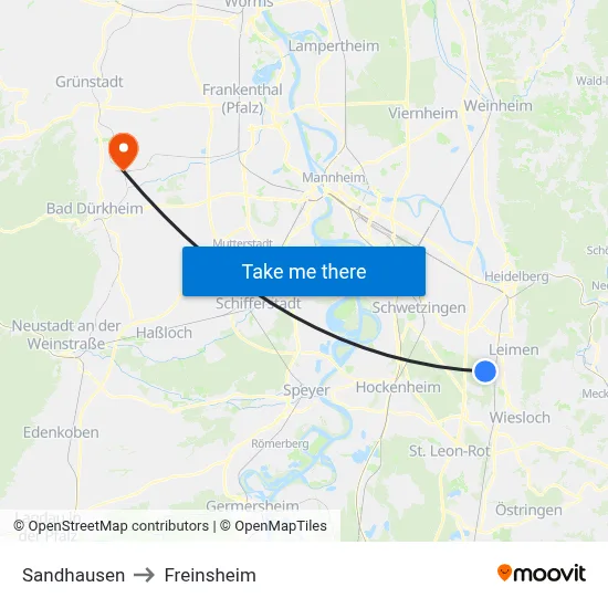 Sandhausen to Freinsheim map