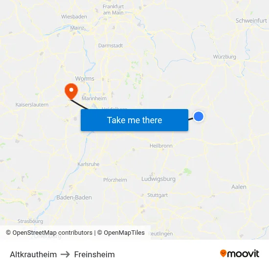 Altkrautheim to Freinsheim map