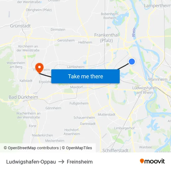 Ludwigshafen-Oppau to Freinsheim map