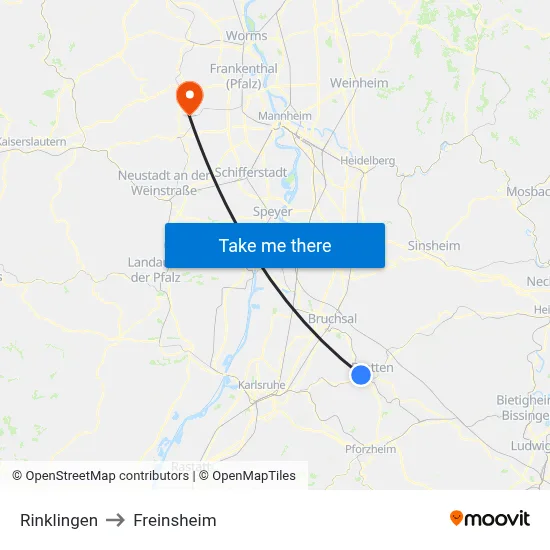 Rinklingen to Freinsheim map