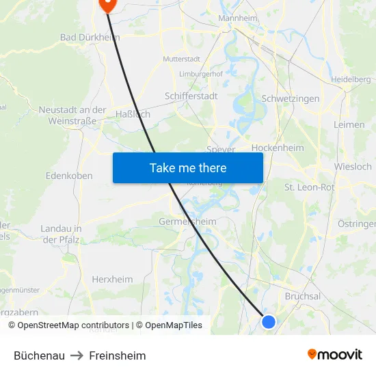 Büchenau to Freinsheim map