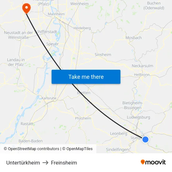 Untertürkheim to Freinsheim map