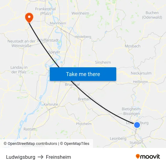 Ludwigsburg to Freinsheim map