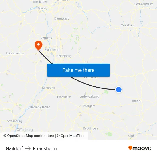 Gaildorf to Freinsheim map