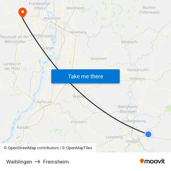 Waiblingen to Freinsheim map