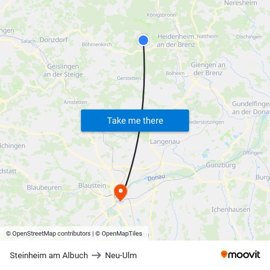 Steinheim am Albuch to Neu-Ulm map