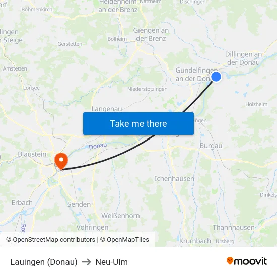 Lauingen (Donau) to Neu-Ulm map