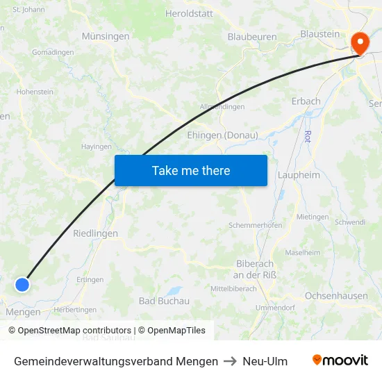 Gemeindeverwaltungsverband Mengen to Neu-Ulm map