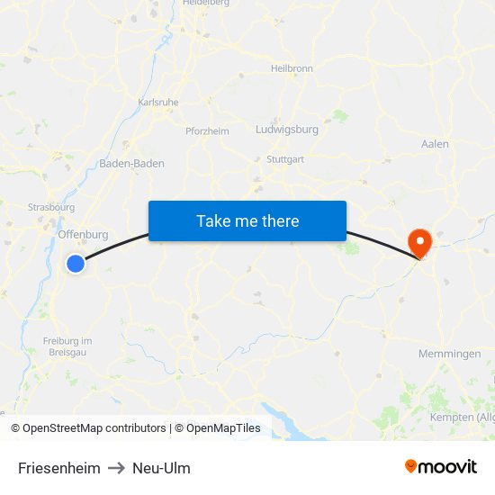 Friesenheim to Neu-Ulm map