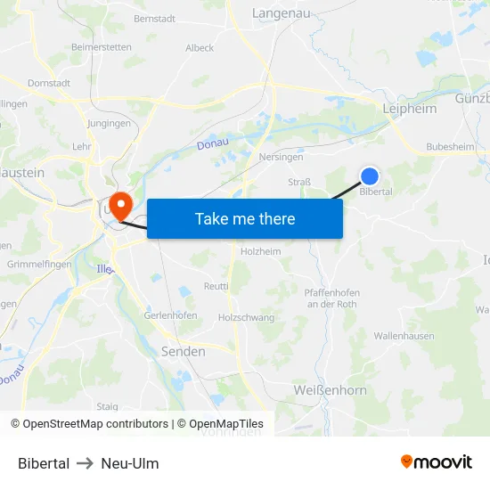 Bibertal to Neu-Ulm map