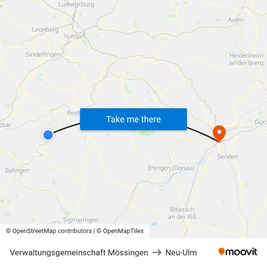 Verwaltungsgemeinschaft Mössingen to Neu-Ulm map