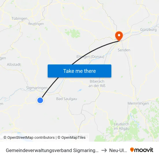 Gemeindeverwaltungsverband Sigmaringen to Neu-Ulm map