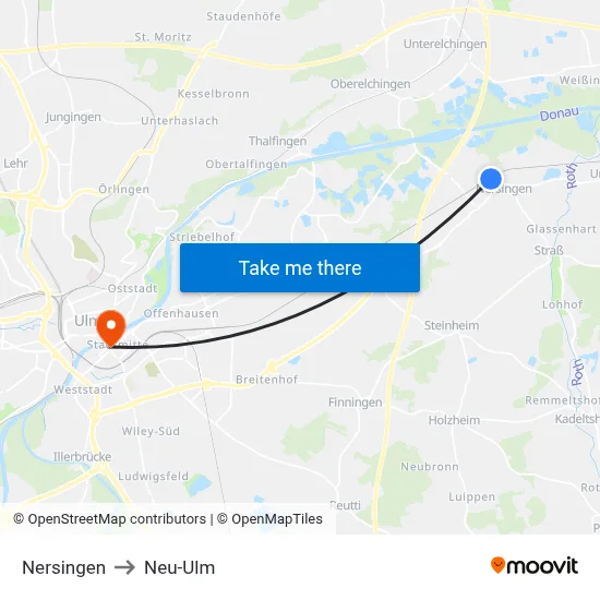 Nersingen to Neu-Ulm map