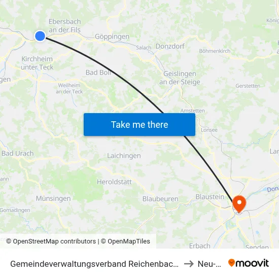 Gemeindeverwaltungsverband Reichenbach An Der Fils to Neu-Ulm map