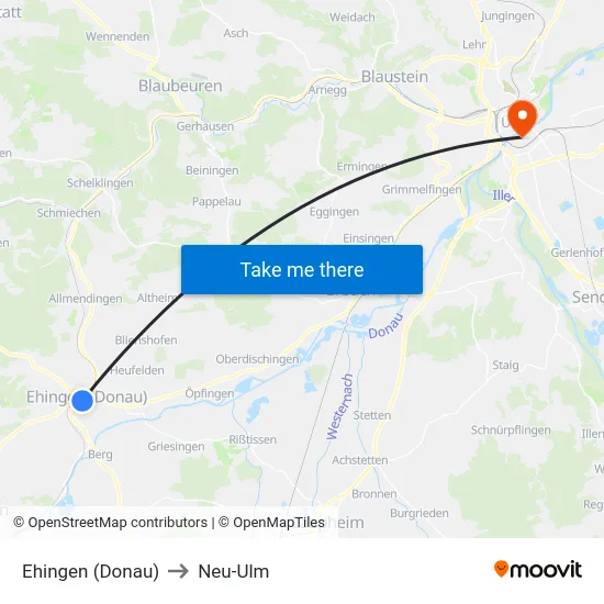 Ehingen (Donau) to Neu-Ulm map