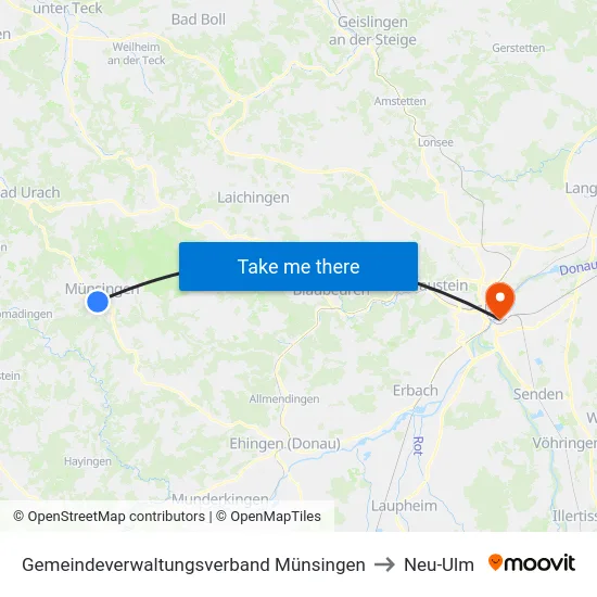 Gemeindeverwaltungsverband Münsingen to Neu-Ulm map