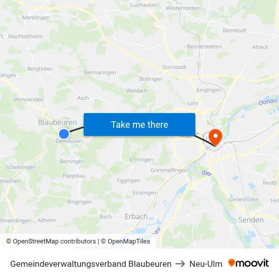 Gemeindeverwaltungsverband Blaubeuren to Neu-Ulm map