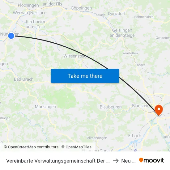 Vereinbarte Verwaltungsgemeinschaft Der Stadt Nürtingen to Neu-Ulm map