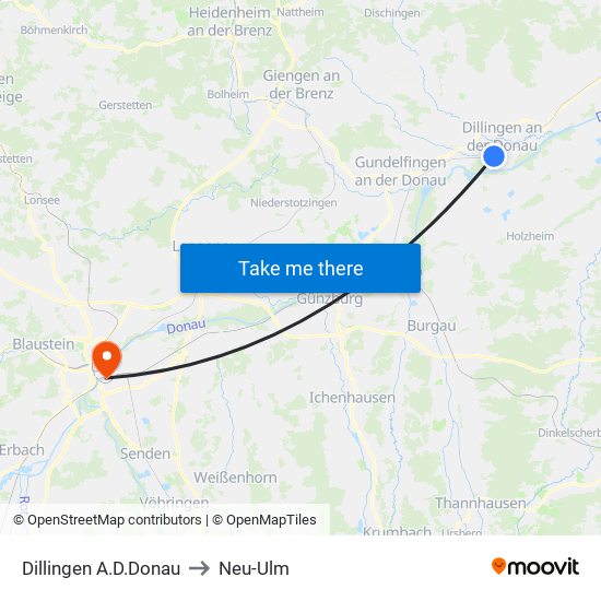 Dillingen A.D.Donau to Neu-Ulm map