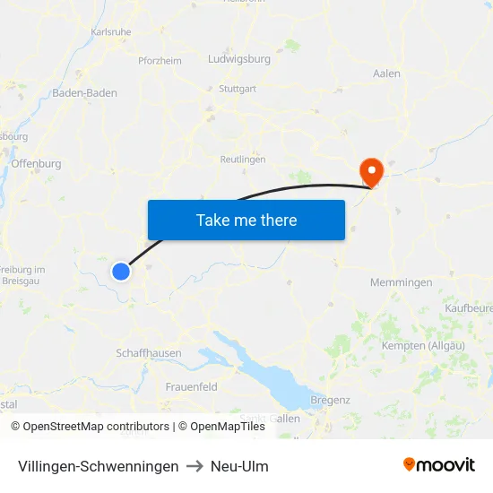 Villingen-Schwenningen to Neu-Ulm map