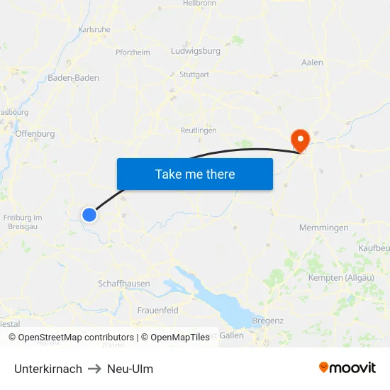 Unterkirnach to Neu-Ulm map