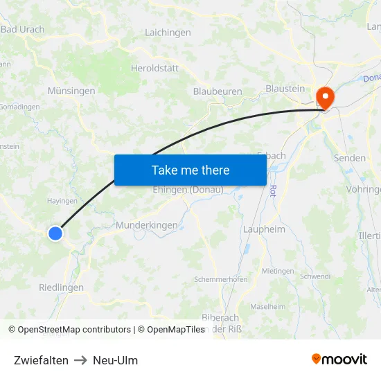 Zwiefalten to Neu-Ulm map