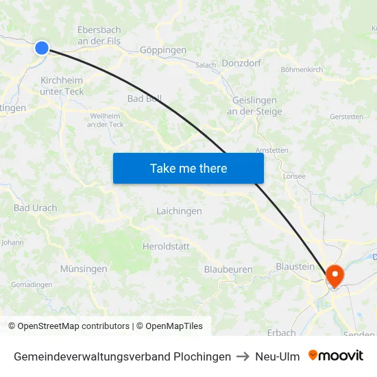 Gemeindeverwaltungsverband Plochingen to Neu-Ulm map