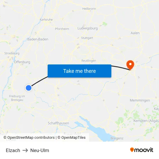 Elzach to Neu-Ulm map