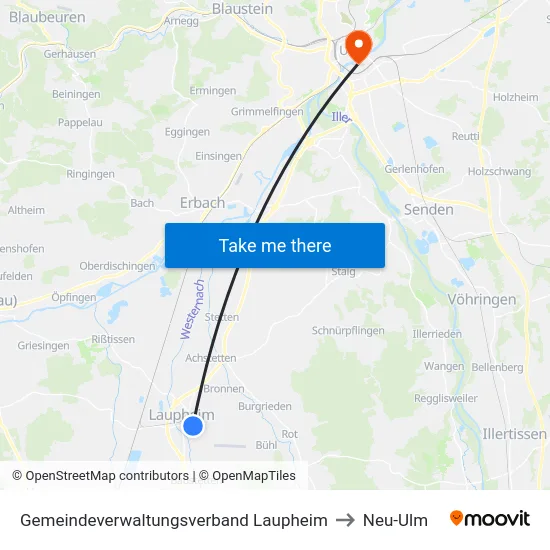 Gemeindeverwaltungsverband Laupheim to Neu-Ulm map