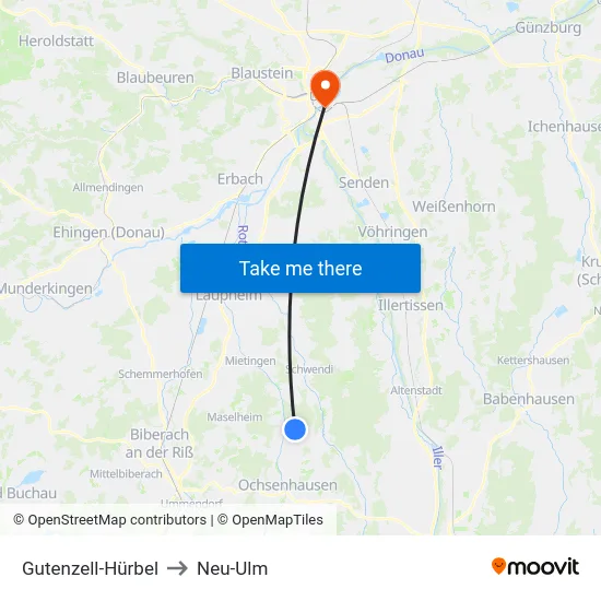 Gutenzell-Hürbel to Neu-Ulm map