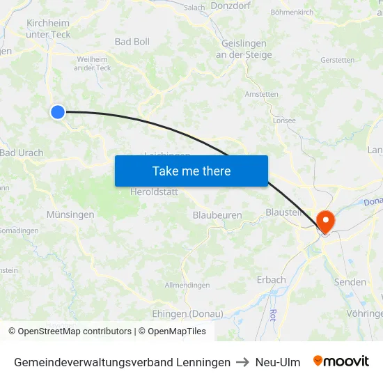 Gemeindeverwaltungsverband Lenningen to Neu-Ulm map