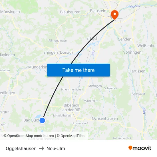 Oggelshausen to Neu-Ulm map