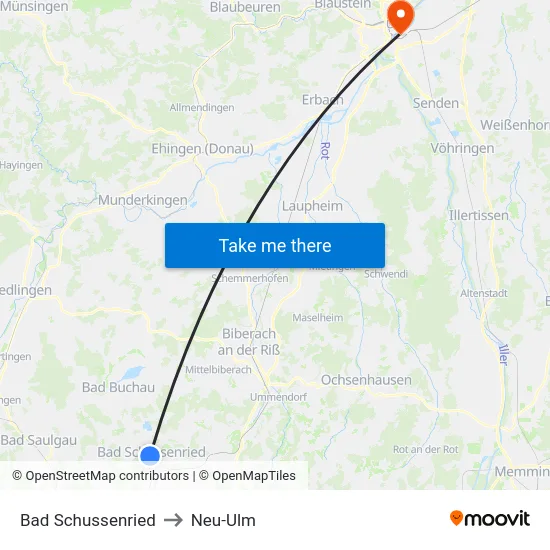 Bad Schussenried to Neu-Ulm map