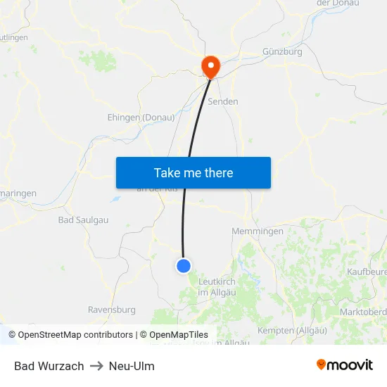 Bad Wurzach to Neu-Ulm map