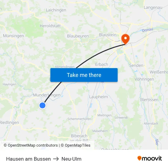 Hausen am Bussen to Neu-Ulm map