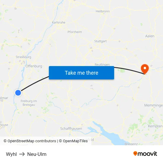 Wyhl to Neu-Ulm map