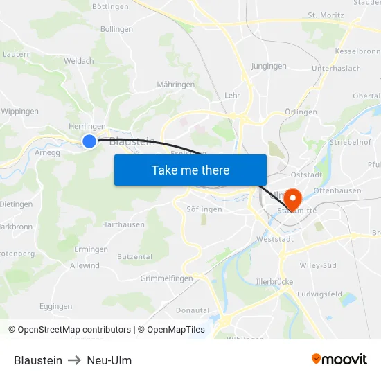 Blaustein to Neu-Ulm map