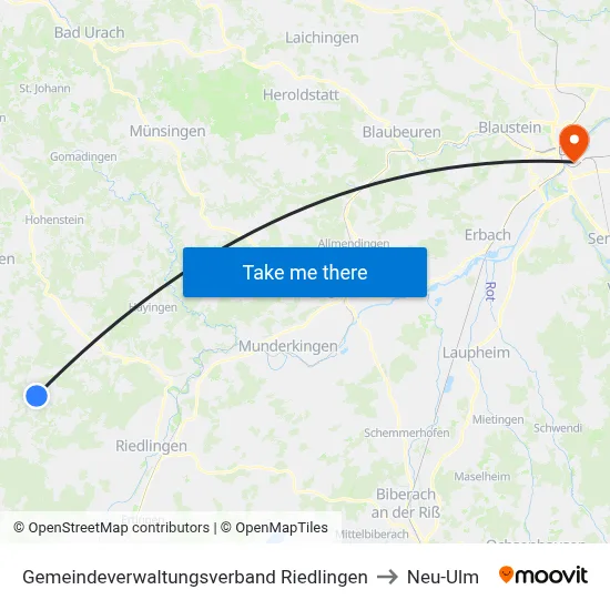 Gemeindeverwaltungsverband Riedlingen to Neu-Ulm map