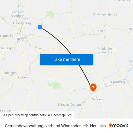 Gemeindeverwaltungsverband Winnenden to Neu-Ulm map