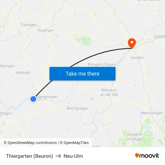 Thiergarten (Beuron) to Neu-Ulm map