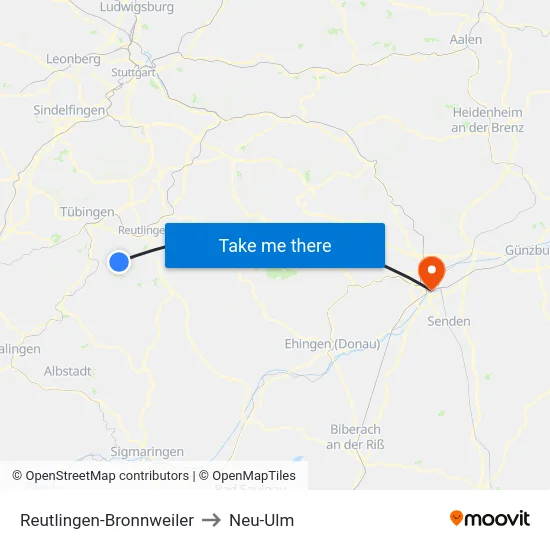 Reutlingen-Bronnweiler to Neu-Ulm map