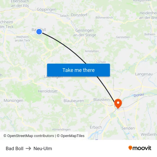 Bad Boll to Neu-Ulm map