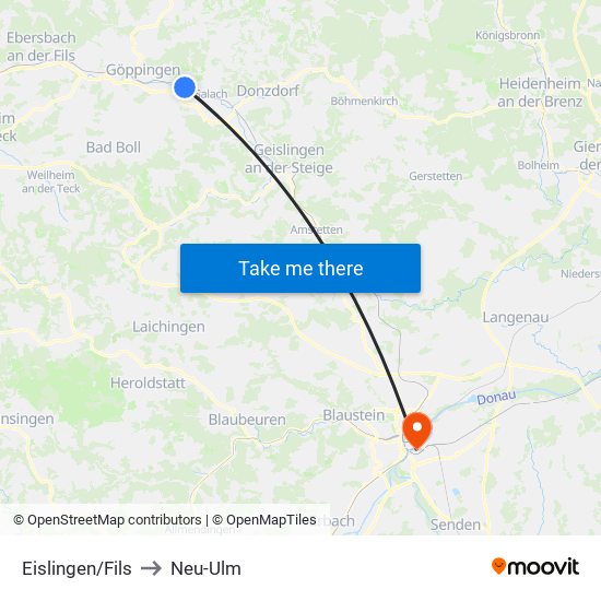 Eislingen/Fils to Neu-Ulm map