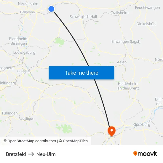 Bretzfeld to Neu-Ulm map