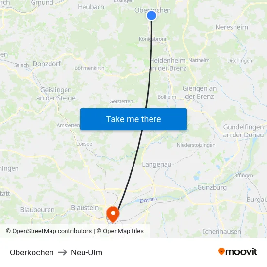 Oberkochen to Neu-Ulm map