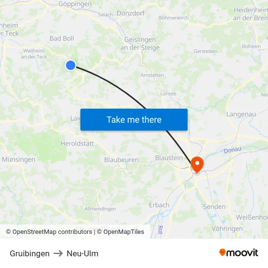 Gruibingen to Neu-Ulm map