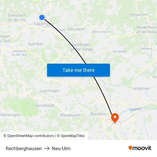 Rechberghausen to Neu-Ulm map