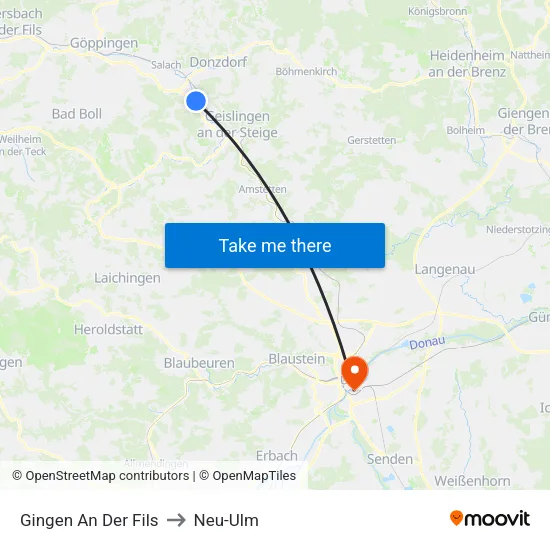 Gingen An Der Fils to Neu-Ulm map