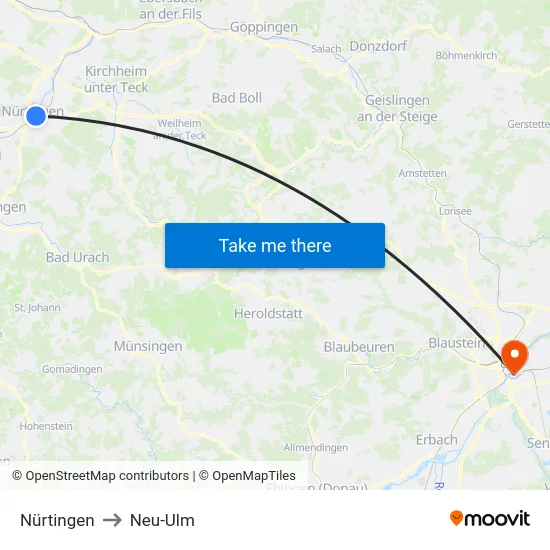 Nürtingen to Neu-Ulm map