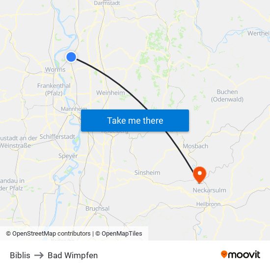 Biblis to Bad Wimpfen map